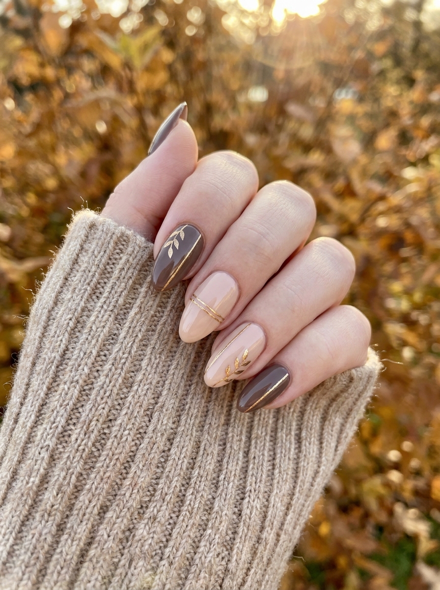 Gold Accent Fall Nails mit feinen goldenen Details